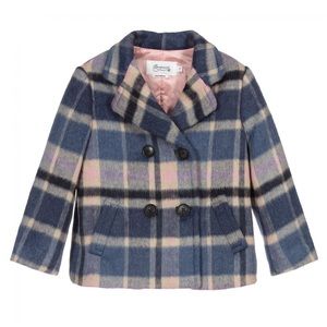 Blue and pink checked wool blend jacket by Bonpoint.